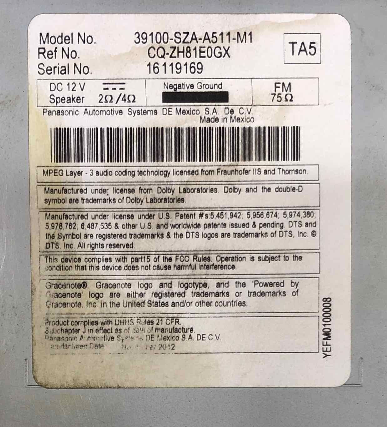 Audio & Visual Equip.(radio) HONDA PILOT 12 13 14 154